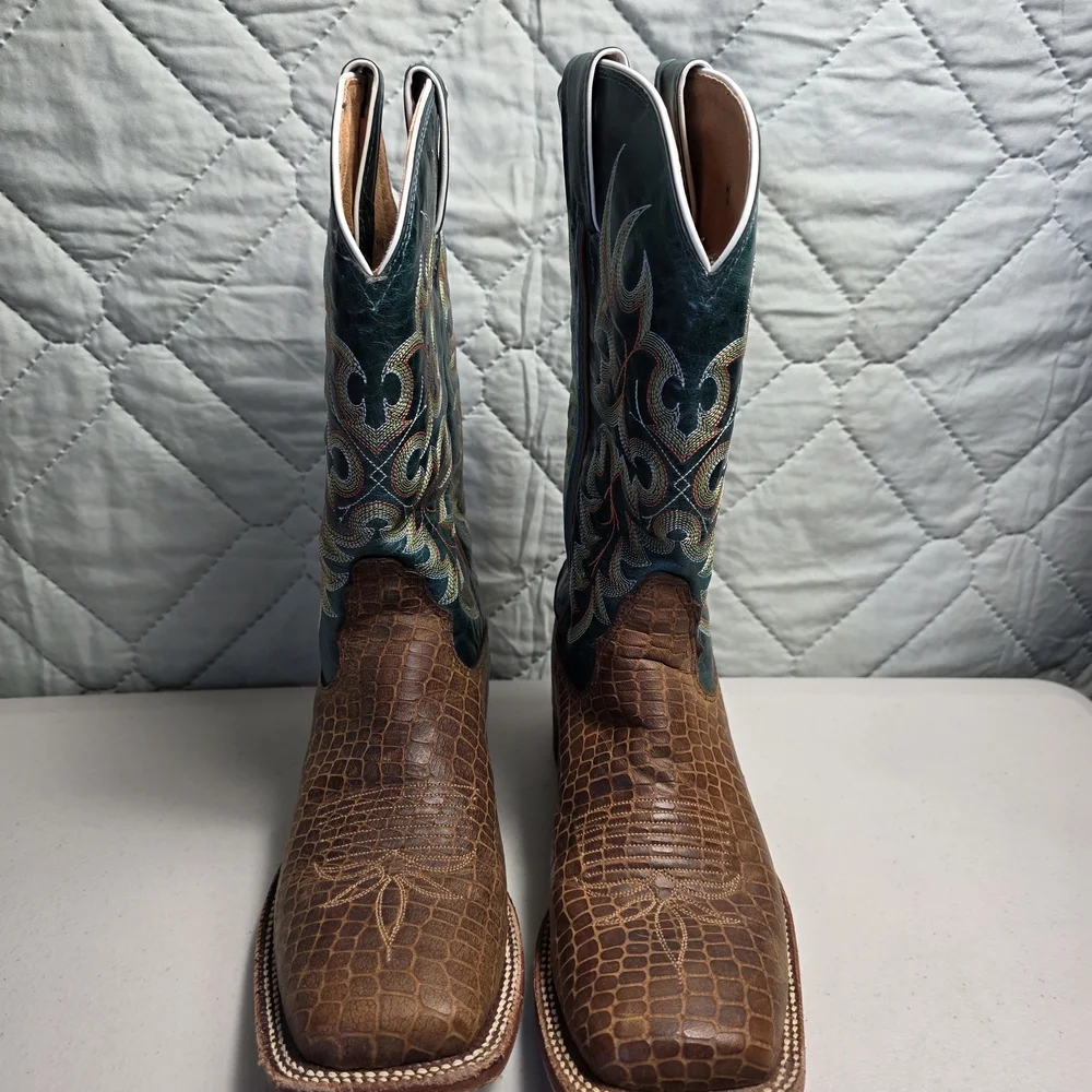 Nocona Womens Green and Brown Leather Pull On Cowgirl Boots Size 8B - Picture 9 of 10